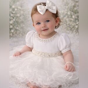 Baby girl white crystals appliqué christening summer baptism dedication dress.